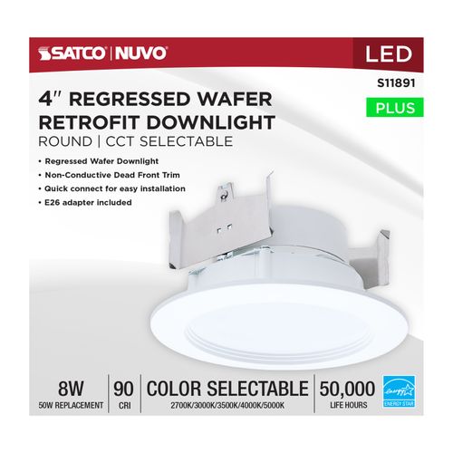Main product image of 8W, 4" LED Downlight Retrofit, 27K/30K/35K/40K/50K CCT Selectable, Regressed Wafer, Round, Matte White Finish