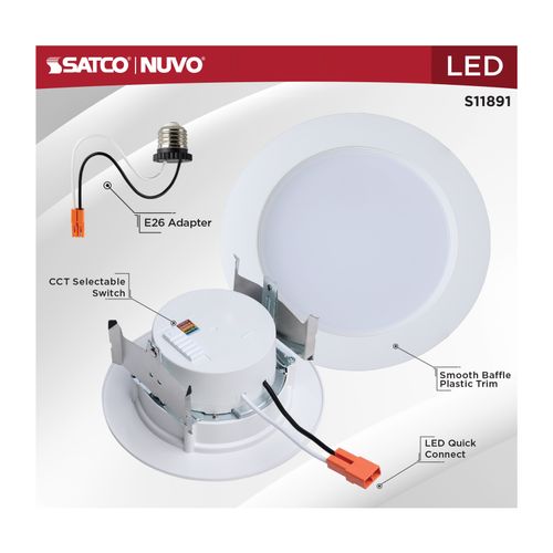 Main product image of 8W, 4" LED Downlight Retrofit, 27K/30K/35K/40K/50K CCT Selectable, Regressed Wafer, Round, Matte White Finish
