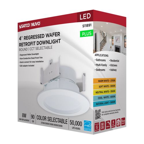 Main product image of 8W, 4" LED Downlight Retrofit, 27K/30K/35K/40K/50K CCT Selectable, Regressed Wafer, Round, Matte White Finish