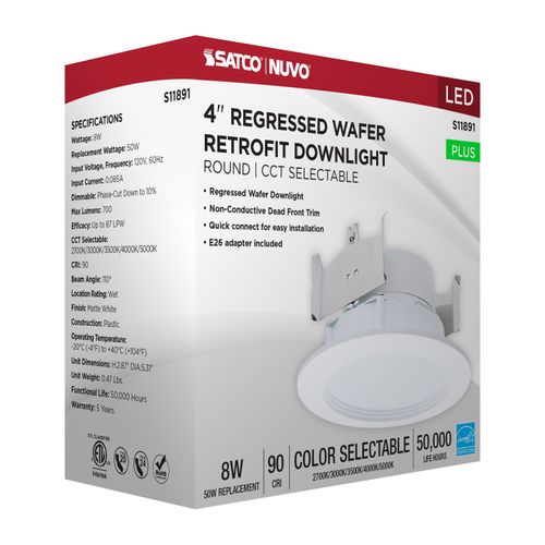 Main product image of 8W, 4" LED Downlight Retrofit, 27K/30K/35K/40K/50K CCT Selectable, Regressed Wafer, Round, Matte White Finish