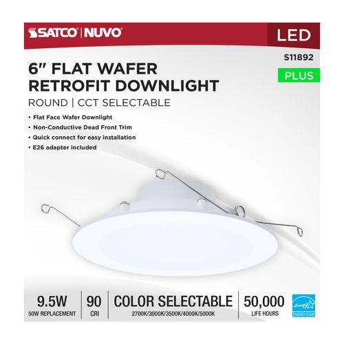 Main product image of 9.5W, 6" LED Downlight Retrofit, 27K/30K/35K/40K/50K CCT Selectable, Flat Wafer, Round, Matte White Finish