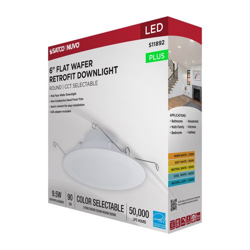 Main product image of 9.5W, 6" LED Downlight Retrofit, 27K/30K/35K/40K/50K CCT Selectable, Flat Wafer, Round, Matte White Finish