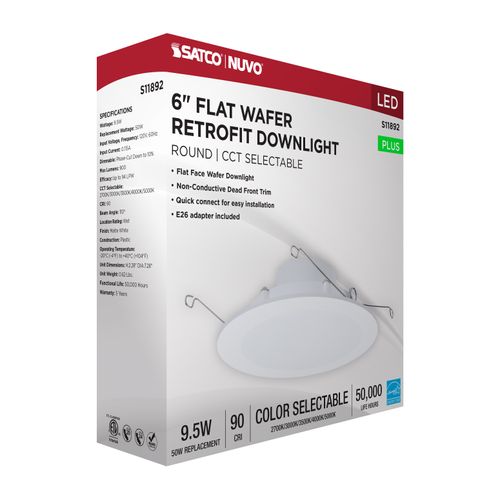 Main product image of 9.5W, 6" LED Downlight Retrofit, 27K/30K/35K/40K/50K CCT Selectable, Flat Wafer, Round, Matte White Finish