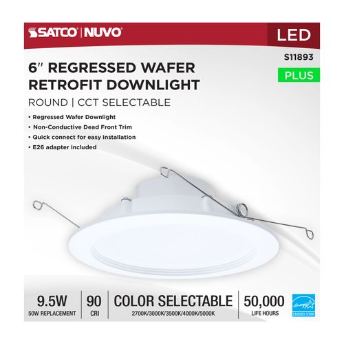 Main product image of 9.5W, 6" LED Downlight Retrofit, 27K/30K/35K/40K/50K CCT Selectable, Regressed Wafer, Round, Matte White Finish