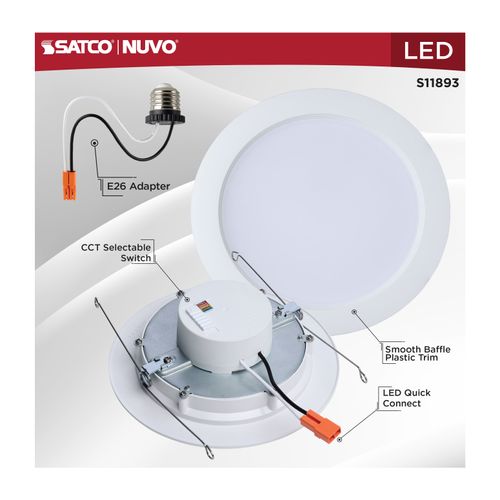 Main product image of 9.5W, 6" LED Downlight Retrofit, 27K/30K/35K/40K/50K CCT Selectable, Regressed Wafer, Round, Matte White Finish