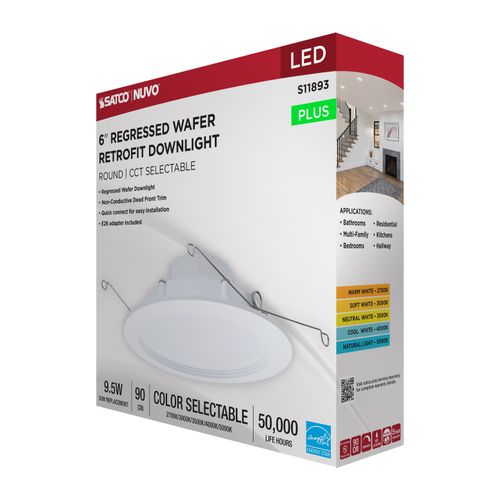 Main product image of 9.5W, 6" LED Downlight Retrofit, 27K/30K/35K/40K/50K CCT Selectable, Regressed Wafer, Round, Matte White Finish
