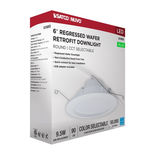 Main product image of 9.5W, 6" LED Downlight Retrofit, 27K/30K/35K/40K/50K CCT Selectable, Regressed Wafer, Round, Matte White Finish