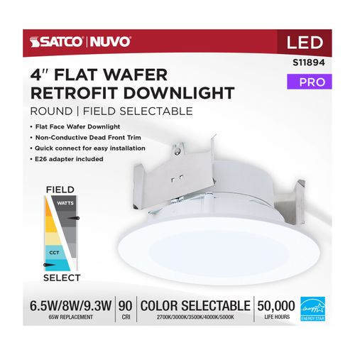 Main product image of 6.5/8/9.3W LED Downlight Retrofit, 27K/30K/35K/40K/50K CCT, 4", Flat Wafer, Round, Matte White Finish