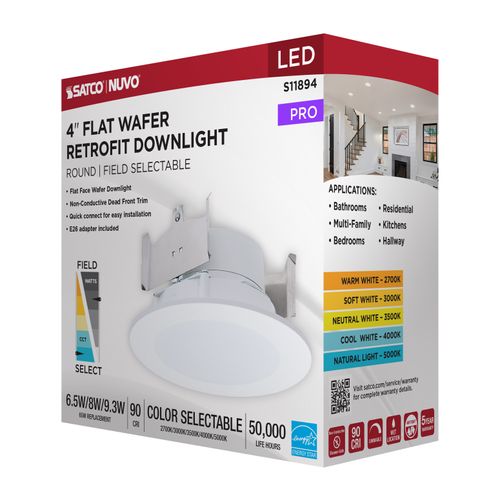 Main product image of 6.5/8/9.3W LED Downlight Retrofit, 27K/30K/35K/40K/50K CCT, 4", Flat Wafer, Round, Matte White Finish
