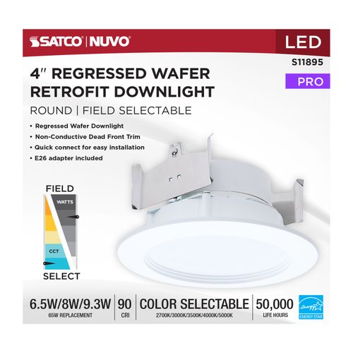 Main product image of 6.5/8/9.3W LED Downlight Retrofit, 27K/30K/35K/40K/50K CCT, 4", Regressed Wafer, Round, Matte White Finish