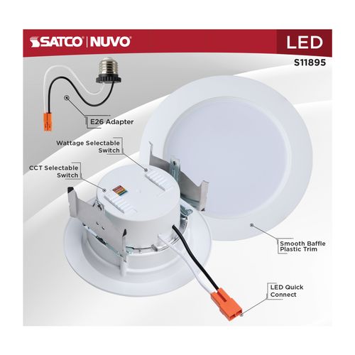 Main product image of 6.5/8/9.3W LED Downlight Retrofit, 27K/30K/35K/40K/50K CCT, 4", Regressed Wafer, Round, Matte White Finish