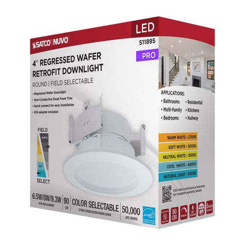 Main product image of 6.5/8/9.3W LED Downlight Retrofit, 27K/30K/35K/40K/50K CCT, 4", Regressed Wafer, Round, Matte White Finish