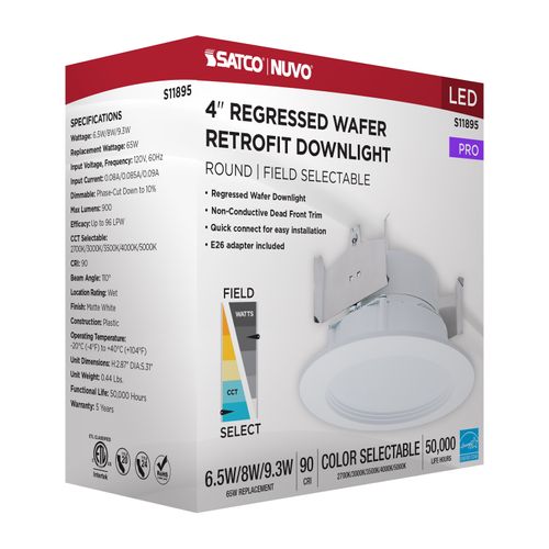 Main product image of 6.5/8/9.3W LED Downlight Retrofit, 27K/30K/35K/40K/50K CCT, 4", Regressed Wafer, Round, Matte White Finish