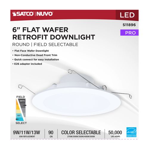 Main product image of 9/11/13W LED Downlight Retrofit, 27K/30K/35K/40K/50K CCT, 6", Flat Wafer, Round, Matte White Finish