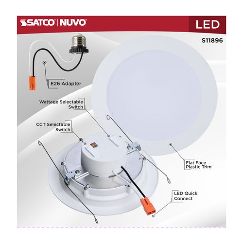 Main product image of 9/11/13W LED Downlight Retrofit, 27K/30K/35K/40K/50K CCT, 6", Flat Wafer, Round, Matte White Finish