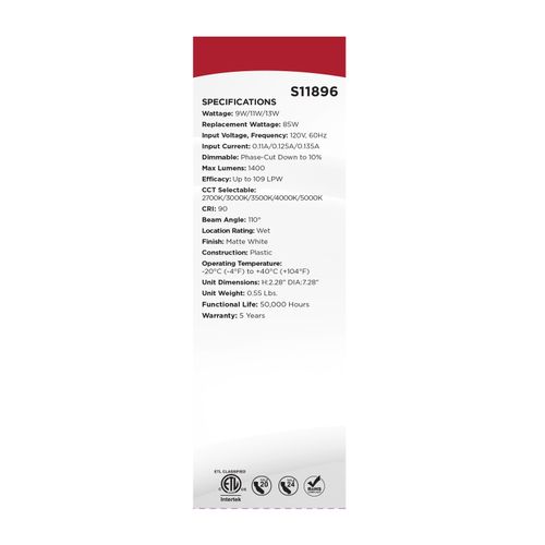 Main product image of 9/11/13W LED Downlight Retrofit, 27K/30K/35K/40K/50K CCT, 6", Flat Wafer, Round, Matte White Finish