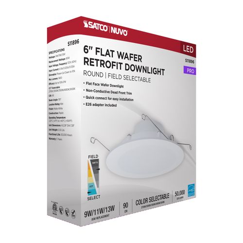 Main product image of 9/11/13W LED Downlight Retrofit, 27K/30K/35K/40K/50K CCT, 6", Flat Wafer, Round, Matte White Finish