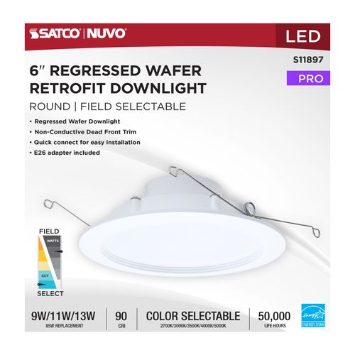 Main product image of 9/11/13W LED Downlight Retrofit, 27K/30K/35K/40K/50K CCT, 6", Regressed Wafer, Round, Matte White Finish