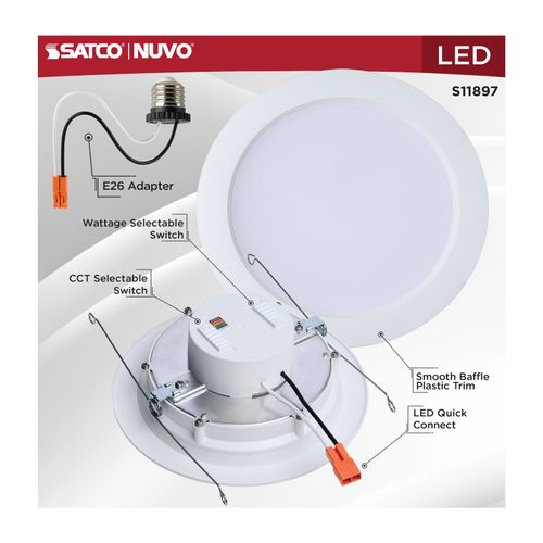 Main product image of 9/11/13W LED Downlight Retrofit, 27K/30K/35K/40K/50K CCT, 6", Regressed Wafer, Round, Matte White Finish