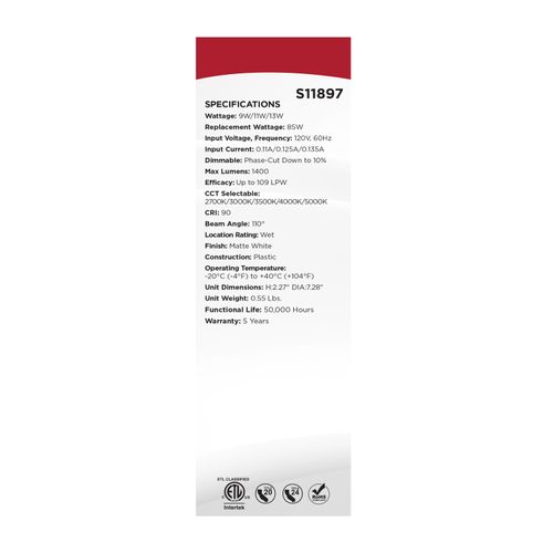 Main product image of 9/11/13W LED Downlight Retrofit, 27K/30K/35K/40K/50K CCT, 6", Regressed Wafer, Round, Matte White Finish