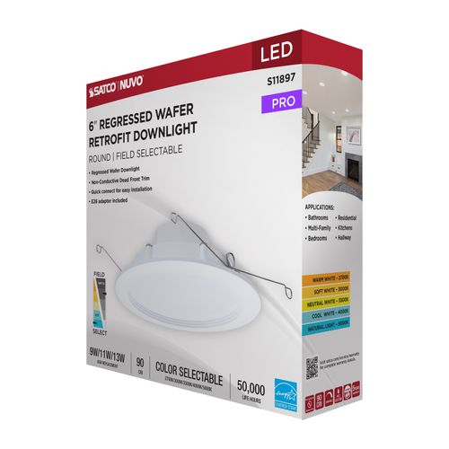 Main product image of 9/11/13W LED Downlight Retrofit, 27K/30K/35K/40K/50K CCT, 6", Regressed Wafer, Round, Matte White Finish
