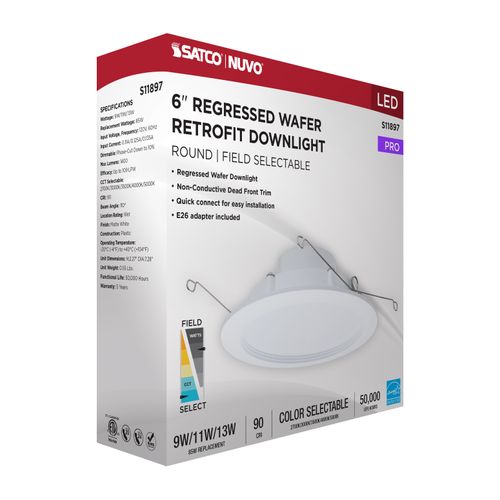 Main product image of 9/11/13W LED Downlight Retrofit, 27K/30K/35K/40K/50K CCT, 6", Regressed Wafer, Round, Matte White Finish