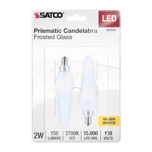 Main product image of 2W Prismatic HX11 LED, 2700K CCT, Candelabra Base, 120V, Frost Finish, 2-Card (12 Pack)