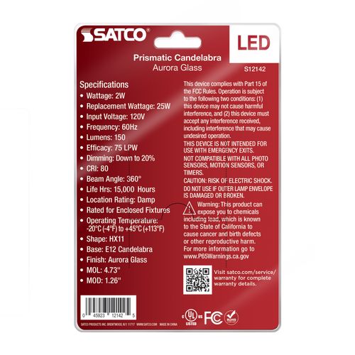 Main product image of 2W Prismatic HX11 LED, 2700K CCT, Candelabra Base, 120V, Aurora Finish, 2-Card (12 Pack)
