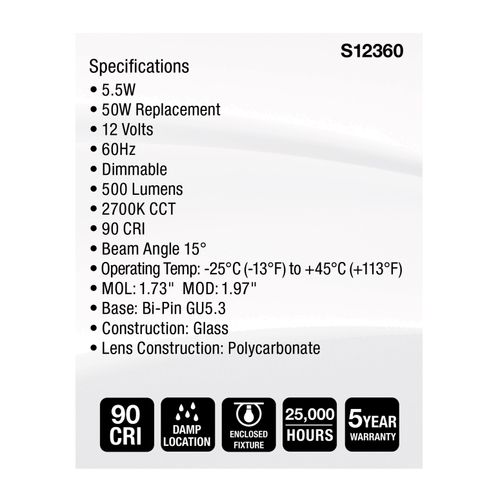 Main product image of 5.5W MR16 LED Spotlight, 2700K CCT, GU5.3 Base, 12V (12 Pack)