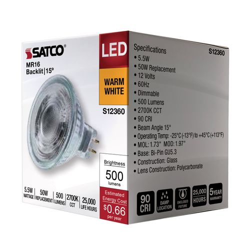 Main product image of 5.5W MR16 LED Spotlight, 2700K CCT, GU5.3 Base, 12V (12 Pack)