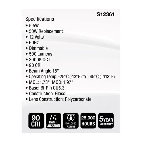 Main product image of 5.5W MR16 LED Spotlight, 3000K CCT, GU5.3 Base, 12V (12 Pack)