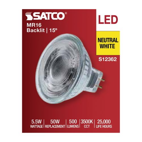 Main product image of 5.5W MR16 LED Spotlight, 3500K CCT, GU5.3 Base, 12V (12 Pack)