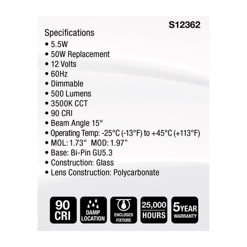 Main product image of 5.5W MR16 LED Spotlight, 3500K CCT, GU5.3 Base, 12V (12 Pack)