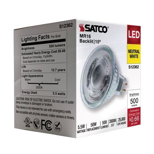 Main product image of 5.5W MR16 LED Spotlight, 3500K CCT, GU5.3 Base, 12V (12 Pack)