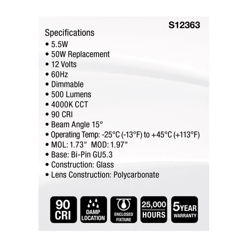 Main product image of 5.5W MR16 LED Spotlight, 4000K CCT, GU5.3 Base, 12V (12 Pack)