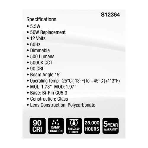 Main product image of 5.5W MR16 LED Spotlight, 5000K CCT, GU5.3 Base, 12V (12 Pack)