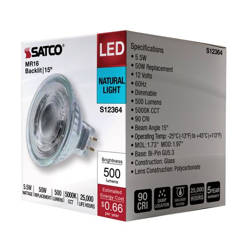 Main product image of 5.5W MR16 LED Spotlight, 5000K CCT, GU5.3 Base, 12V (12 Pack)
