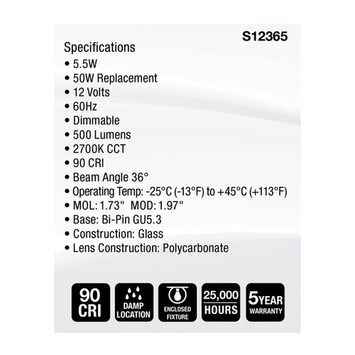 Main product image of 5.5W MR16 LED Floodlight, 2700K CCT, GU5.3 Base, 12V (12 Pack)