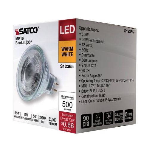 Main product image of 5.5W MR16 LED Floodlight, 2700K CCT, GU5.3 Base, 12V (12 Pack)