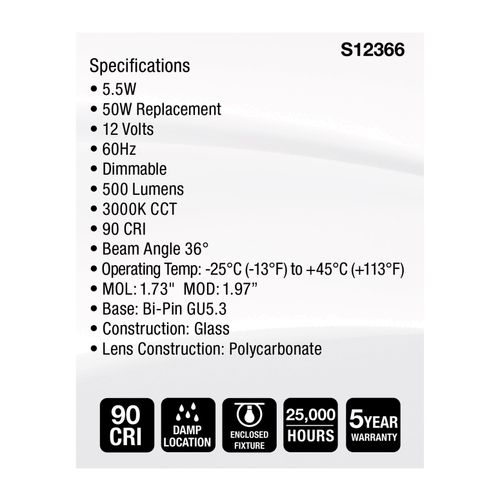 Main product image of 5.5W MR16 LED Floodlight, 3000K CCT, GU5.3 Base, 12V (12 Pack)