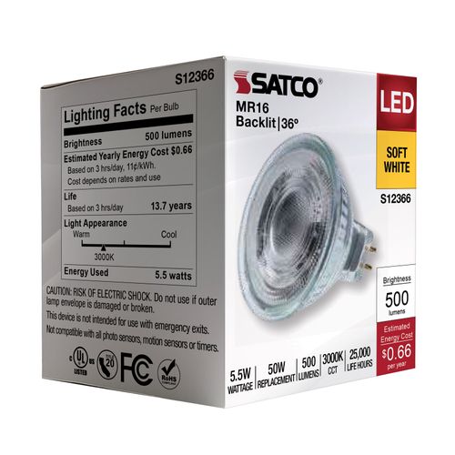 Main product image of 5.5W MR16 LED Floodlight, 3000K CCT, GU5.3 Base, 12V (12 Pack)