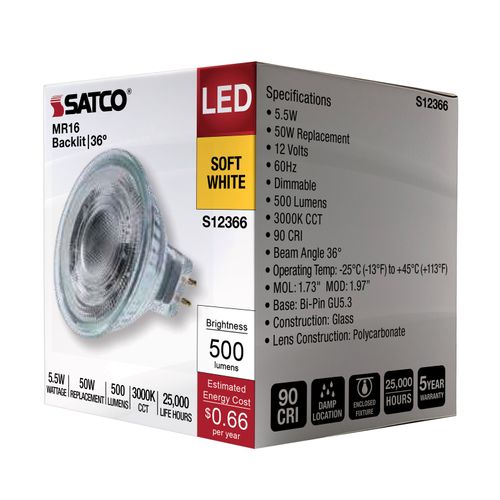 Main product image of 5.5W MR16 LED Floodlight, 3000K CCT, GU5.3 Base, 12V (12 Pack)