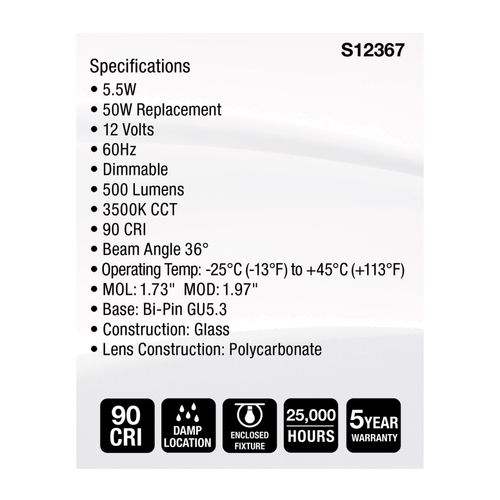 Main product image of 5.5W MR16 LED Floodlight, 3500K CCT, GU5.3 Base, 12V (12 Pack)
