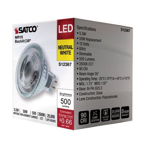 Main product image of 5.5W MR16 LED Floodlight, 3500K CCT, GU5.3 Base, 12V (12 Pack)