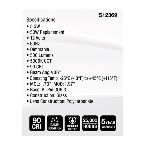 Main product image of 5.5W MR16 LED Floodlight, 5000K CCT, GU5.3 Base, 12V (12 Pack)