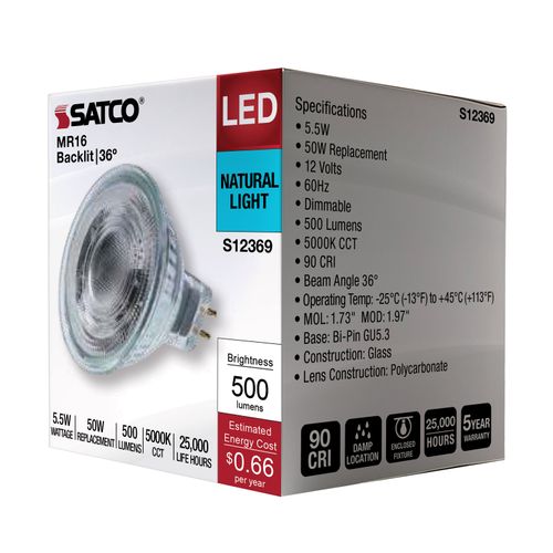 Main product image of 5.5W MR16 LED Floodlight, 5000K CCT, GU5.3 Base, 12V (12 Pack)