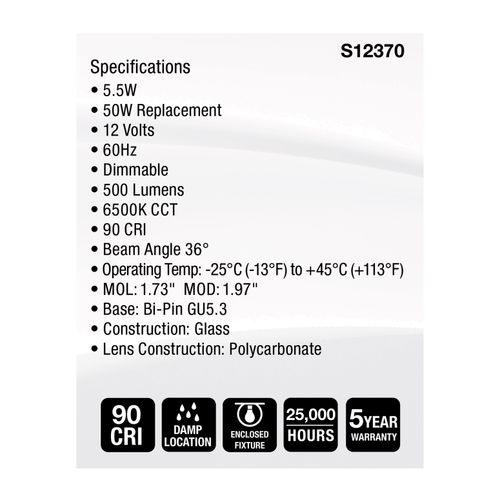 Main product image of 5.5W MR16 LED Floodlight, 6500K CCT, GU5.3 Base, 12V (12 Pack)
