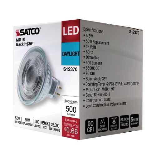 Main product image of 5.5W MR16 LED Floodlight, 6500K CCT, GU5.3 Base, 12V (12 Pack)