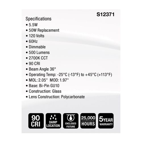 Main product image of 5.5W MR16 LED Floodlight, 2700K CCT, GU10 Base, 120V (12 Pack)