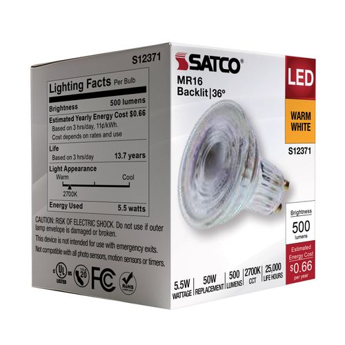 Main product image of 5.5W MR16 LED Floodlight, 2700K CCT, GU10 Base, 120V (12 Pack)